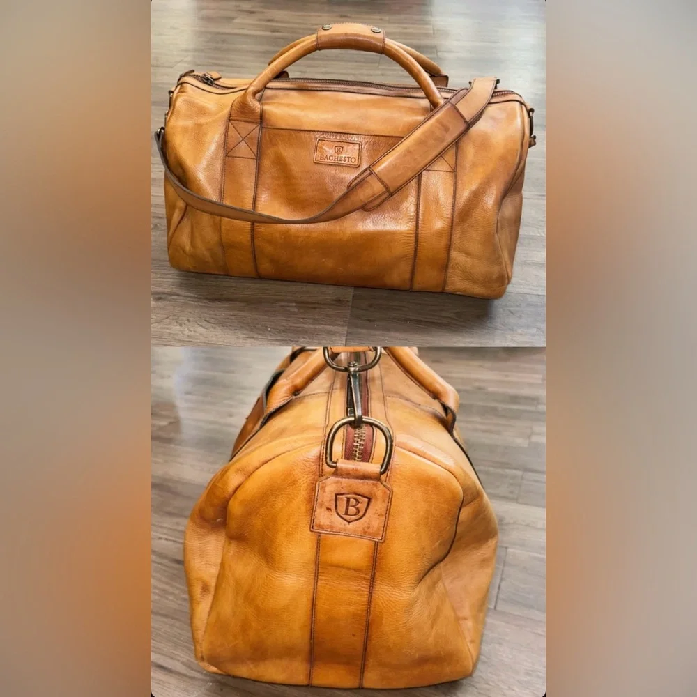 Premium Tan Leather Weekender Bag 100% Genuine Leather Duffel Carry On Travel - Picture 4 of 6